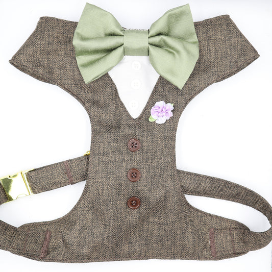 Tuxedo Wedding Dog Harness in Light Chocolate Brown Herringbone Tweed Style Fabric with Sage Bow CHOICE of COLOURS Made to Measure