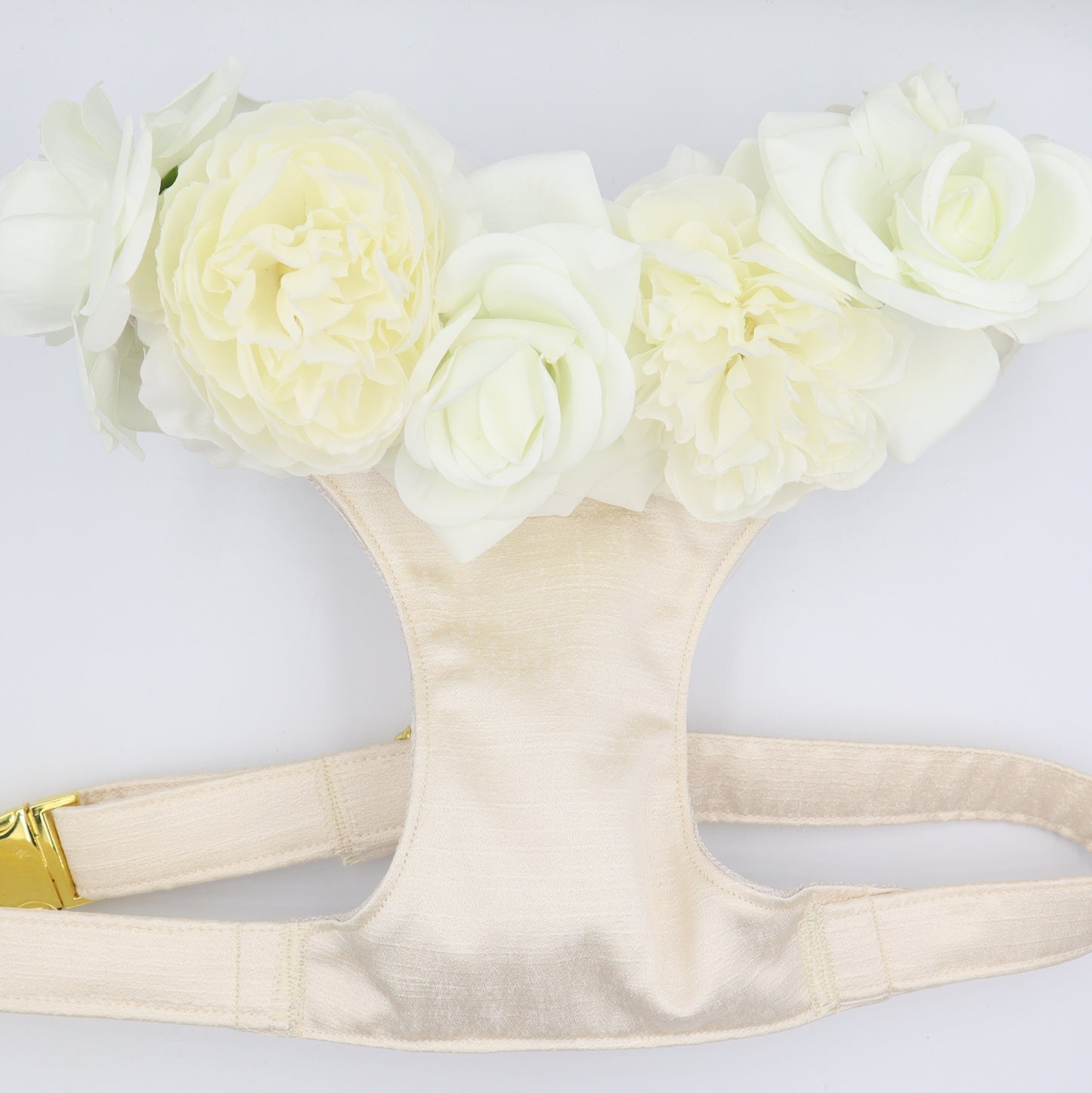 Wedding Dog Harness in Ivory Cream Satin with White Bow and Ivory Flowers CHOICE of COLOURS Made to Measure
