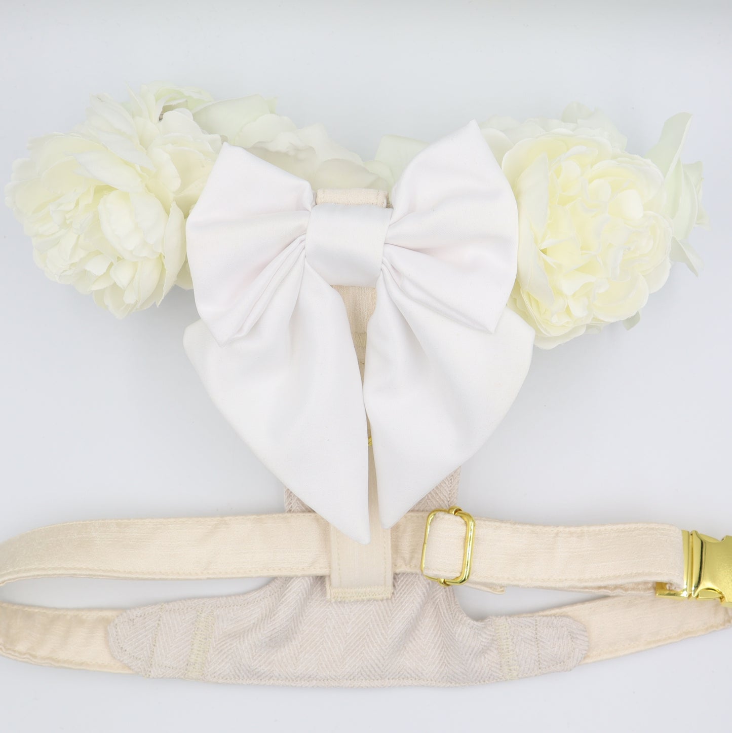 Wedding Dog Harness in Ivory Cream Satin with White Bow and Ivory Flowers CHOICE of COLOURS Made to Measure