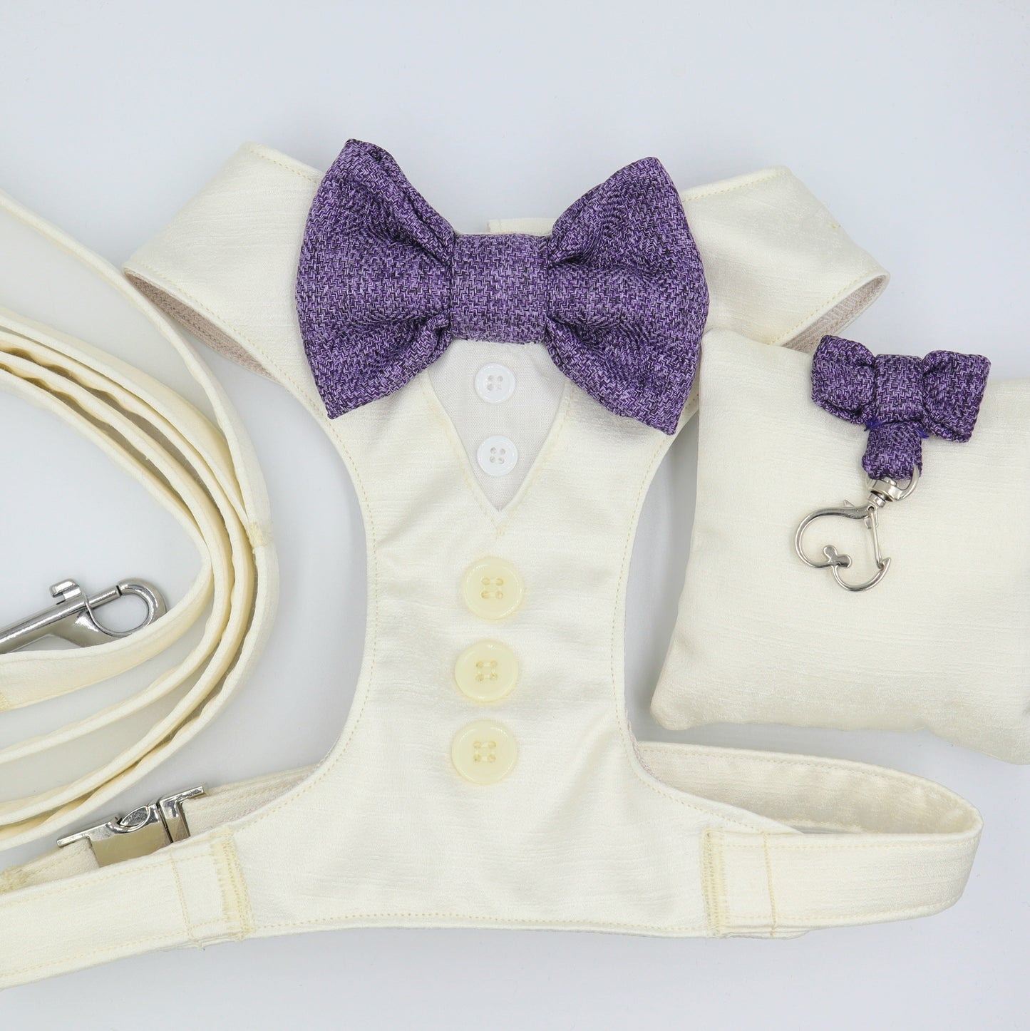 Tuxedo Wedding Dog Harness in Ivory White Satin with Lavender Tweed Bow CHOICE of COLOURS Made to Measure