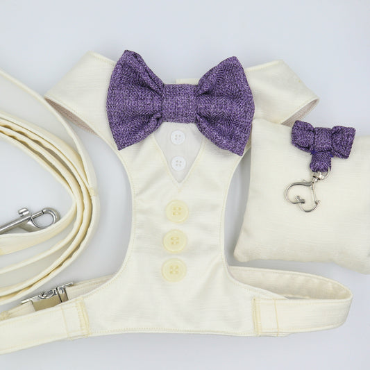 Tuxedo Wedding Dog Harness in Ivory White Satin with Lavender Tweed Bow CHOICE of COLOURS Made to Measure