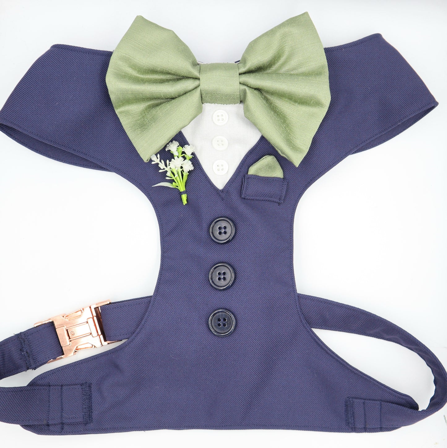 Tuxedo Wedding Dog Harness in Navy Blue Suit Fabric with Sage Bow & Flower CHOICE of COLOURS Made to Measure