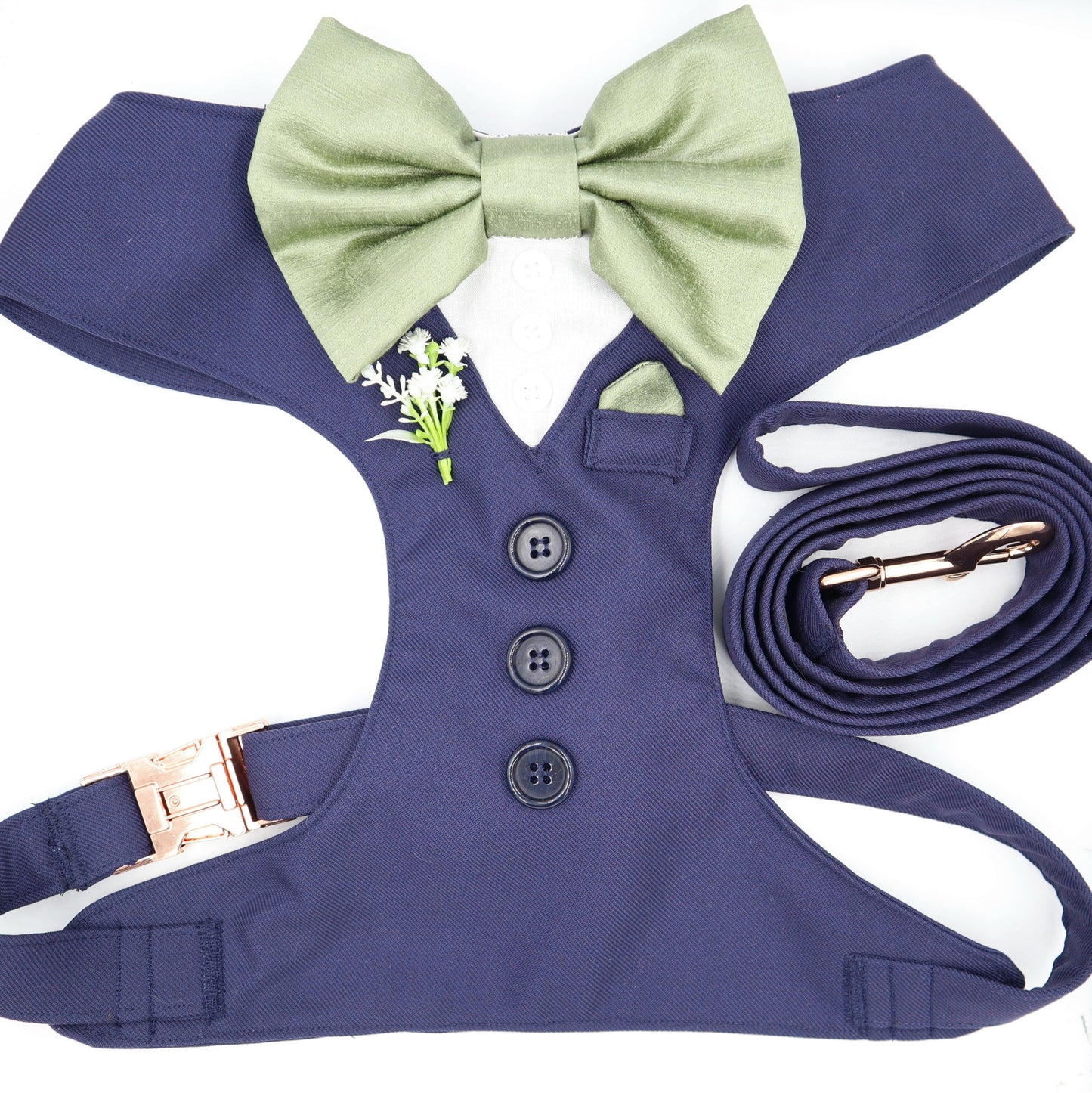 Tuxedo Wedding Dog Harness in Navy Blue Suit Fabric with Sage Bow & Flower CHOICE of COLOURS Made to Measure