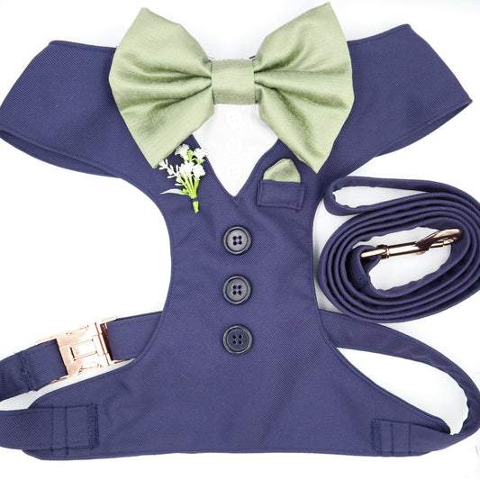 Tuxedo Wedding Dog Harness in Navy Blue Suit Fabric with Sage Bow & Flower CHOICE of COLOURS Made to Measure
