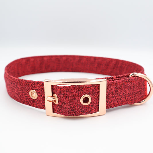 Dog Collar in Red Soft Herringbone Tweed Style Fabric