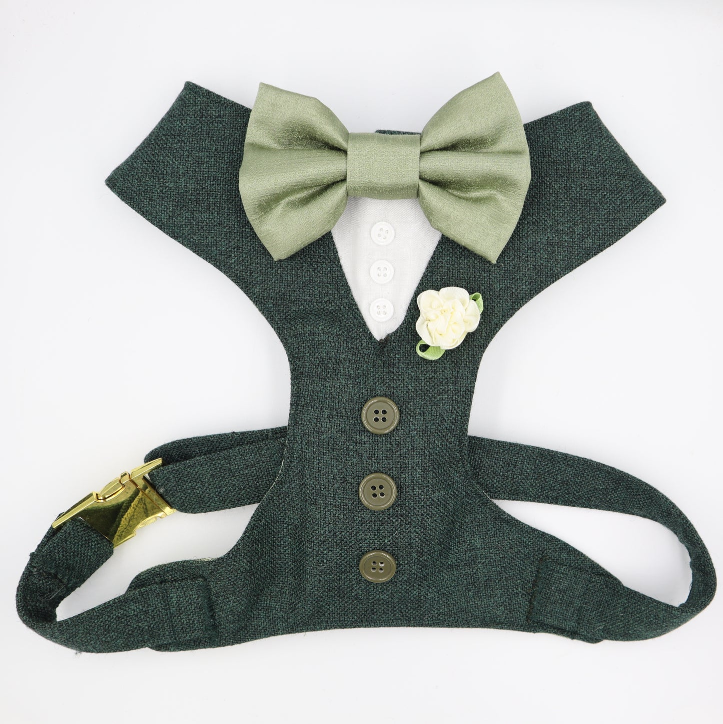 Tuxedo Wedding Dog Harness in Dark Green Tweed Fabric with Sage Satin Bow CHOICE of COLOURS Made to Measure