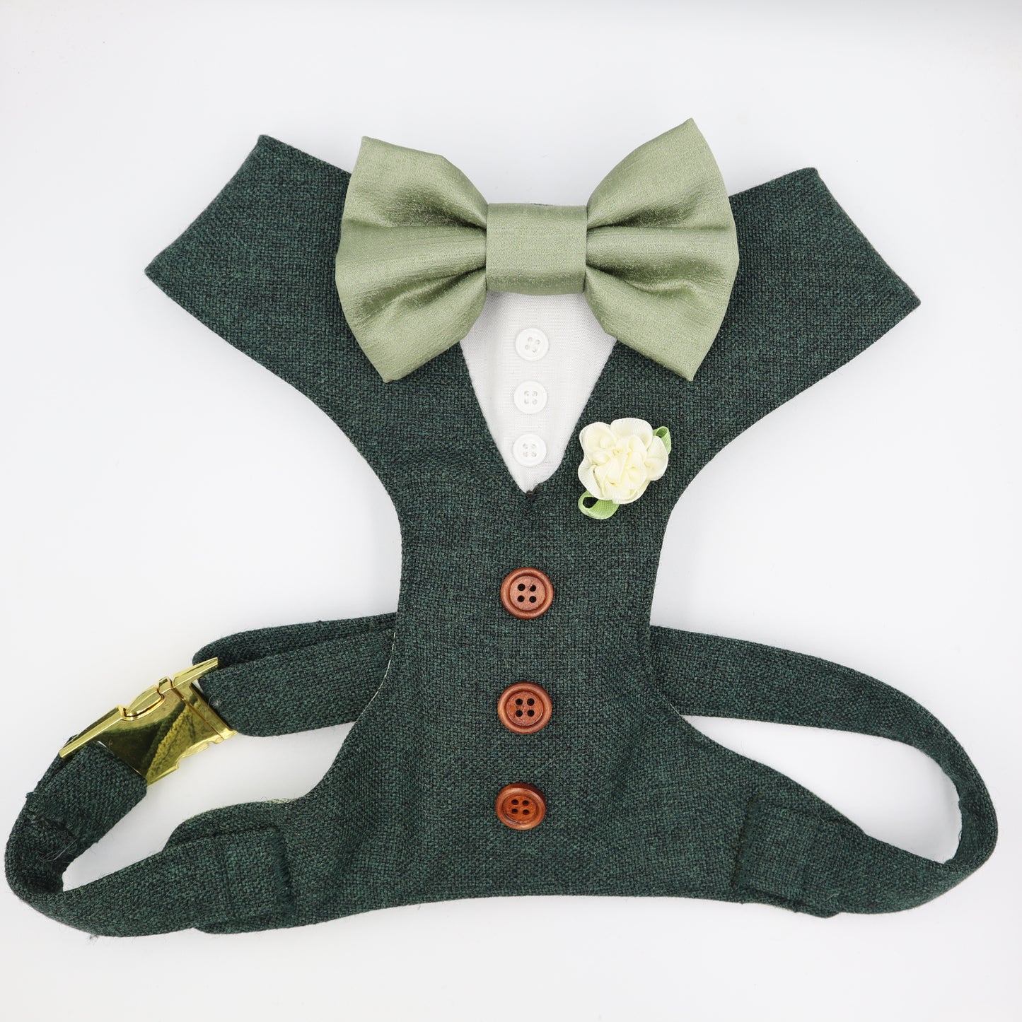 Tuxedo Wedding Dog Harness in Dark Green Tweed Fabric with Sage Satin Bow CHOICE of COLOURS Made to Measure
