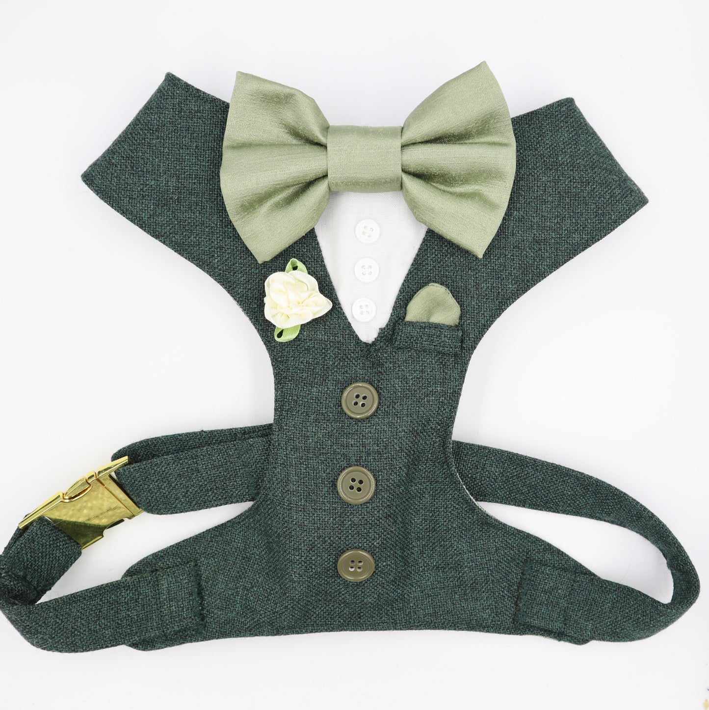 Tuxedo Wedding Dog Harness in Dark Green Tweed Fabric with Sage Satin Bow CHOICE of COLOURS Made to Measure
