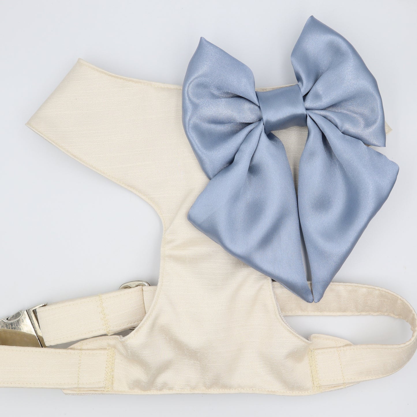 Wedding Dog Harness in Ivory Cream Satin with Oversized Dusty Blue Sailor Bow CHOICE of COLOURS Made to Measure