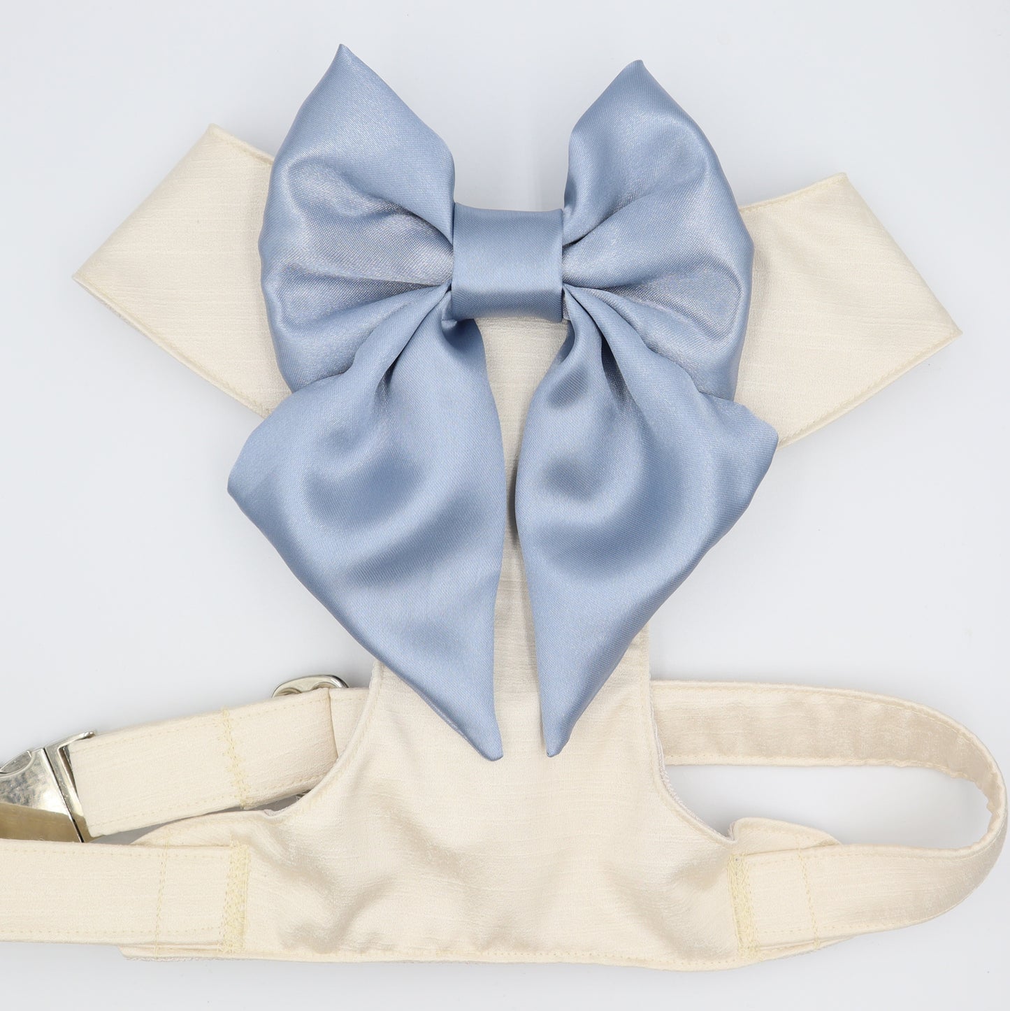 Wedding Dog Harness in Ivory Cream Satin with Oversized Dusty Blue Sailor Bow CHOICE of COLOURS Made to Measure