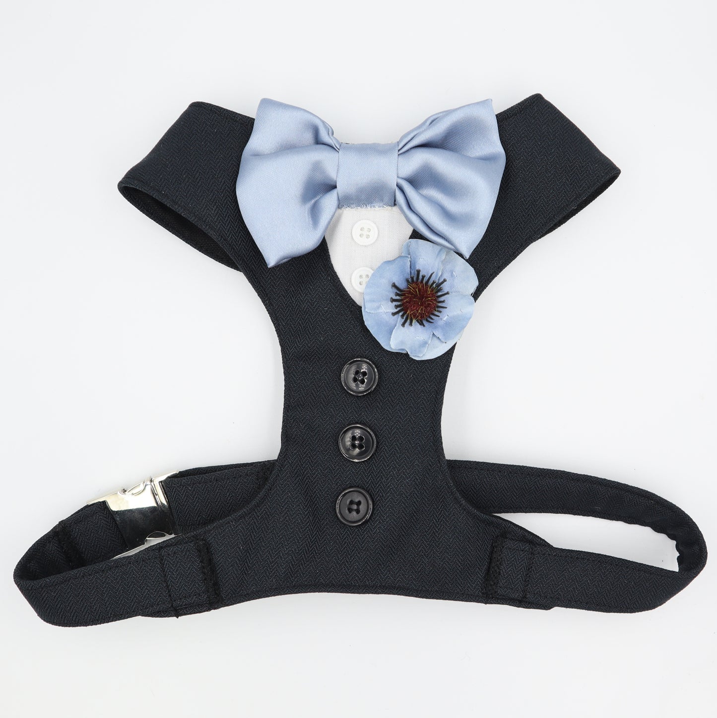 Tuxedo Wedding Dog Harness in Black Tweed Fabric with Sage Satin Bow CHOICE of COLOURS Made to Measure