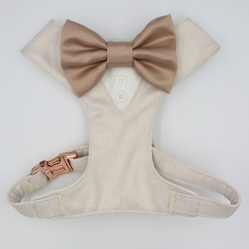 Tuxedo Wedding Dog Harness in Beige Soft Herringbone Tweed Fabric with Satin Bow CHOICE of COLOURS Made to Measure