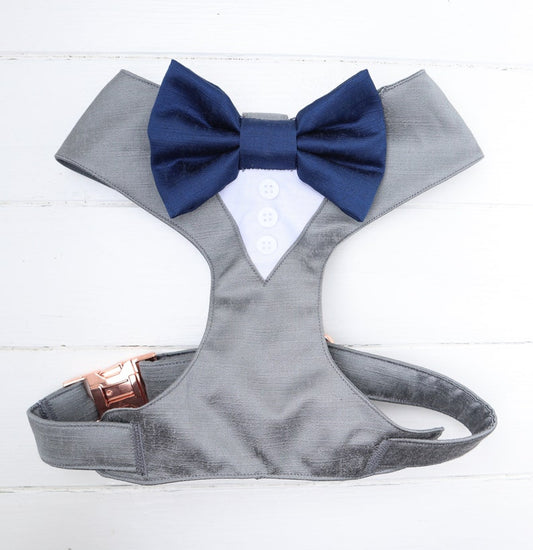 Tuxedo Wedding Dog Harness in Grey Satin with Navy Bow CHOICE of COLOURS Made to Measure