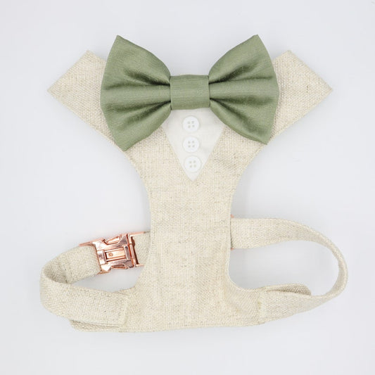 Tuxedo Wedding Dog Harness in Beige Natural Linen Colour TEXTURED Fabric with Sage Green Satin Bow Wedding CHOICE COLOURS Made to Measure