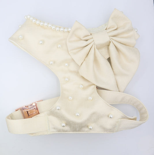 Wedding Dog Harness in Ivory Cream Satin with Bow and Pearls CHOICE of COLOURS Made to Measure