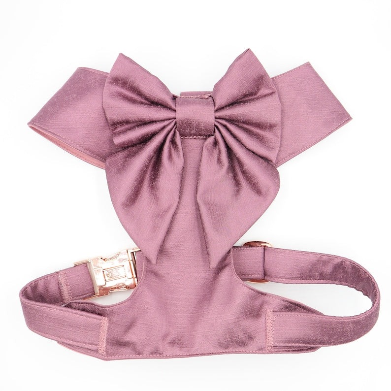 Wedding Dog Harness in Mauve Satin with Sailor Bow CHOICE of COLOURS Made to Measure