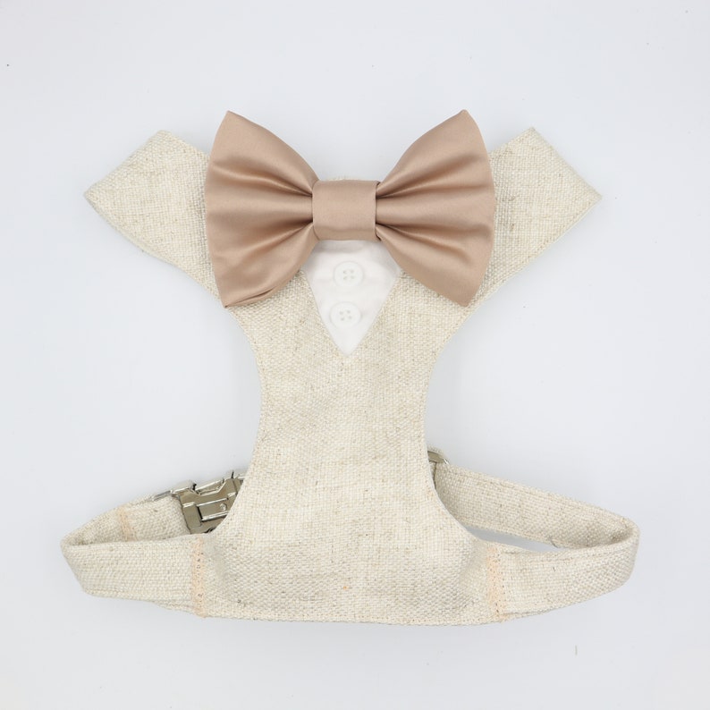 Tuxedo Wedding Dog Harness in Beige Natural Linen Colour TEXTURED Fabric with Cappucino Satin Bow Wedding CHOICE COLOURS Made to Measure