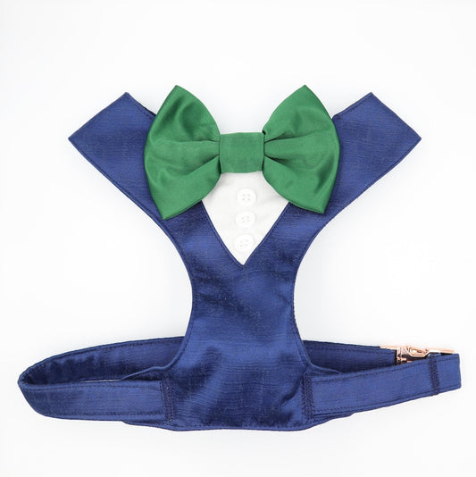 Tuxedo Wedding Dog Harness in Navy Satin with Emerald Bow CHOICE of COLOURS Made to Measure