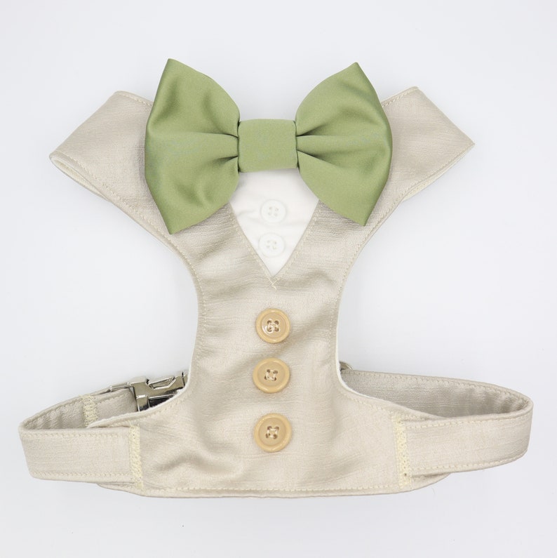 Tuxedo Wedding Dog Harness in Beige Satin with Sage Bow CHOICE of COLOURS Made to Measure