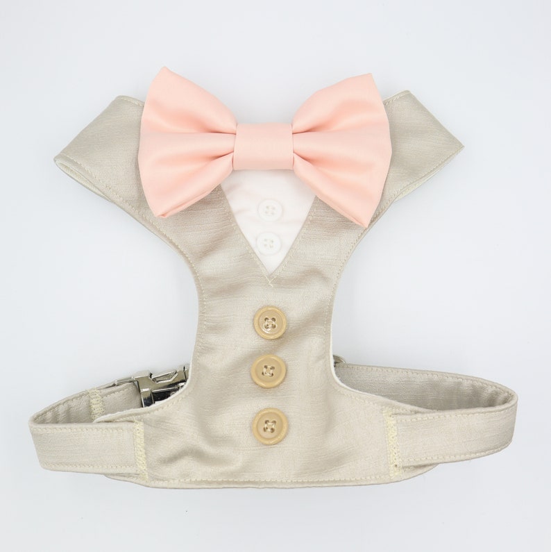 Tuxedo Wedding Dog Harness in Beige Satin with Blush Bow CHOICE of COLOURS Made to Measure