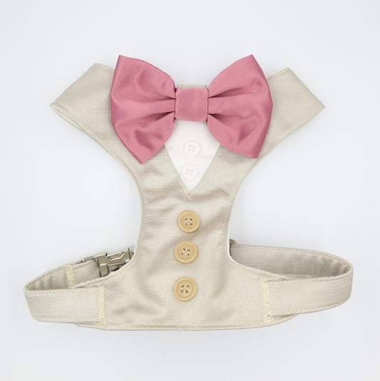 Tuxedo Wedding Dog Harness in Beige Satin with Rose Pink Bow CHOICE of COLOURS Made to Measure