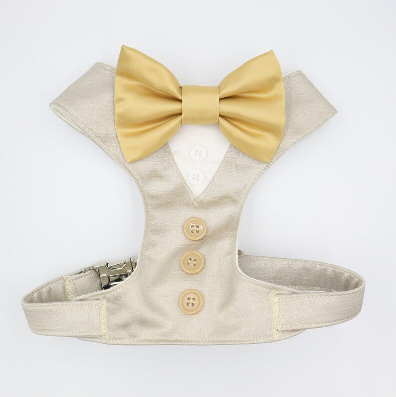 Tuxedo Wedding Dog Harness in Beige Satin with Gold Bow CHOICE of COLOURS Made to Measure