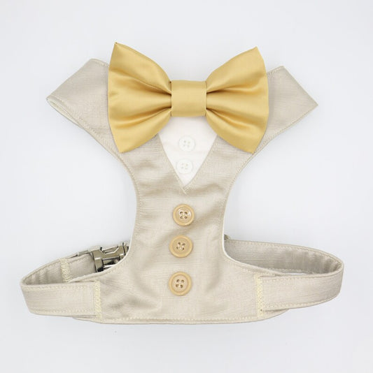 Tuxedo Wedding Dog Harness in Beige Satin with Gold Bow CHOICE of COLOURS Made to Measure