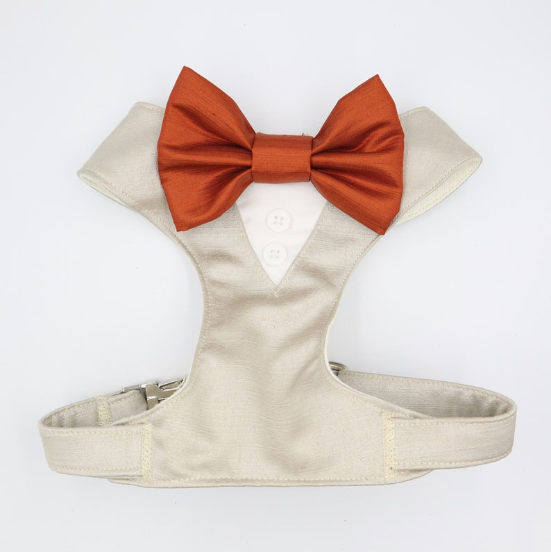 Tuxedo Wedding Dog Harness in Beige Satin with Rust Bow CHOICE of COLOURS Made to Measure