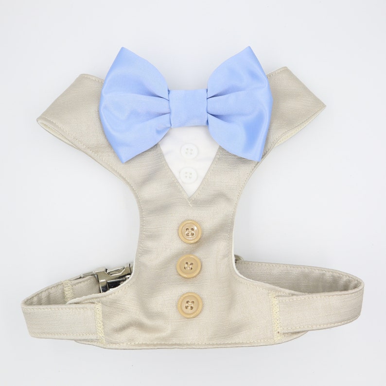 Tuxedo Wedding Dog Harness in Beige Satin with Sky Bow CHOICE of COLOURS Made to Measure