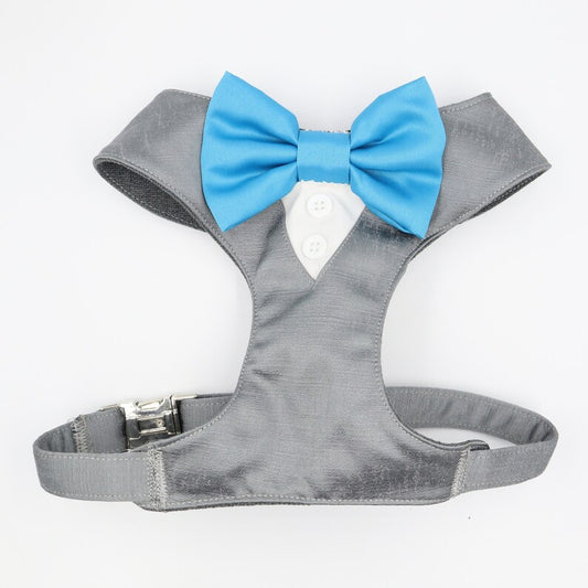 Tuxedo Wedding Dog Harness in Beige Satin with Turquoise Bow CHOICE of COLOURS Made to Measure