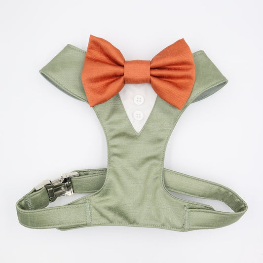 Tuxedo Wedding Dog Harness in Sage Satin with Burnt Orange Bow CHOICE of COLOURS Made to Measure