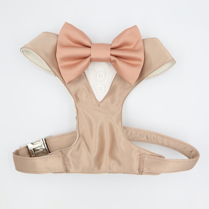 Tuxedo Wedding Dog Harness in Cappucino Satin with Rose Gold Bow CHOICE of COLOURS Made to Measure