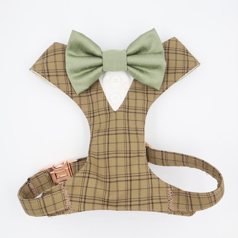 Tuxedo Wedding Dog Harness Beige Caramel Checked Suit with Sage Green Satin Bow CHOICE of COLOURS Made to Measure