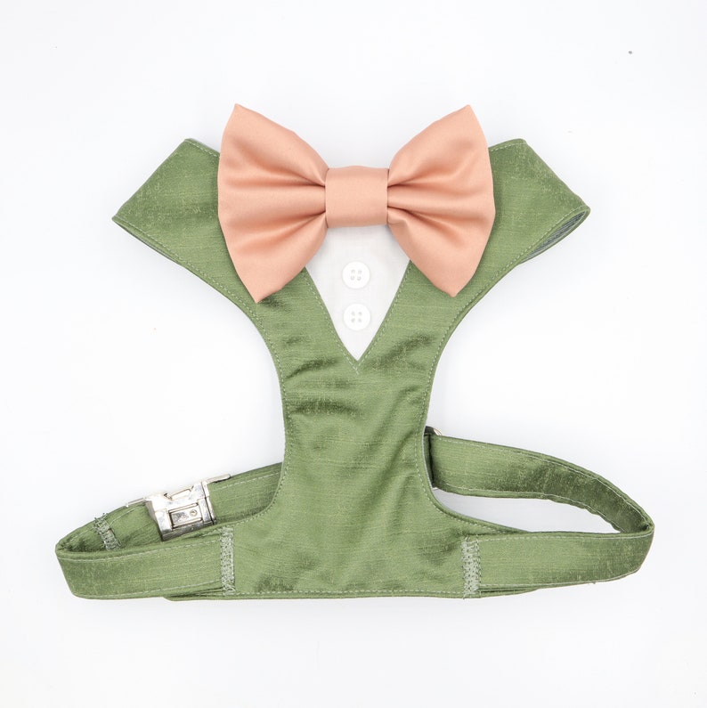 Tuxedo Wedding Dog Harness in Sage (5) Satin with Rose Gold Bow CHOICE of COLOURS Made to Measure