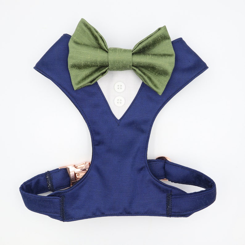 Tuxedo Wedding Dog Harness in Navy Satin with Sage Green (5) Bow CHOICE of COLOURS Made to Measure