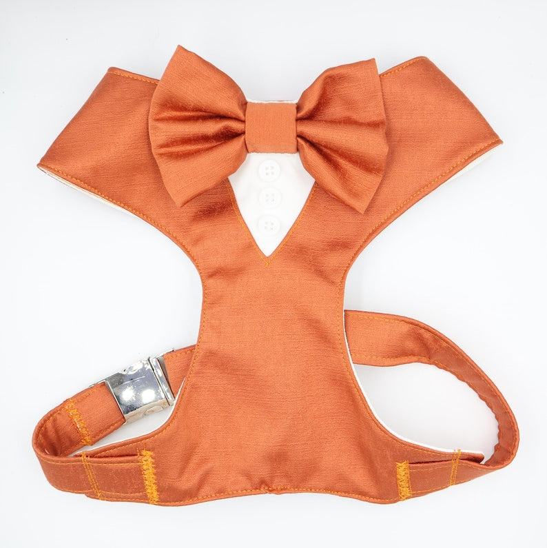 Tuxedo Wedding Dog Harness in Burnt Orange Satin with Bow CHOICE of COLOURS Made to Measure