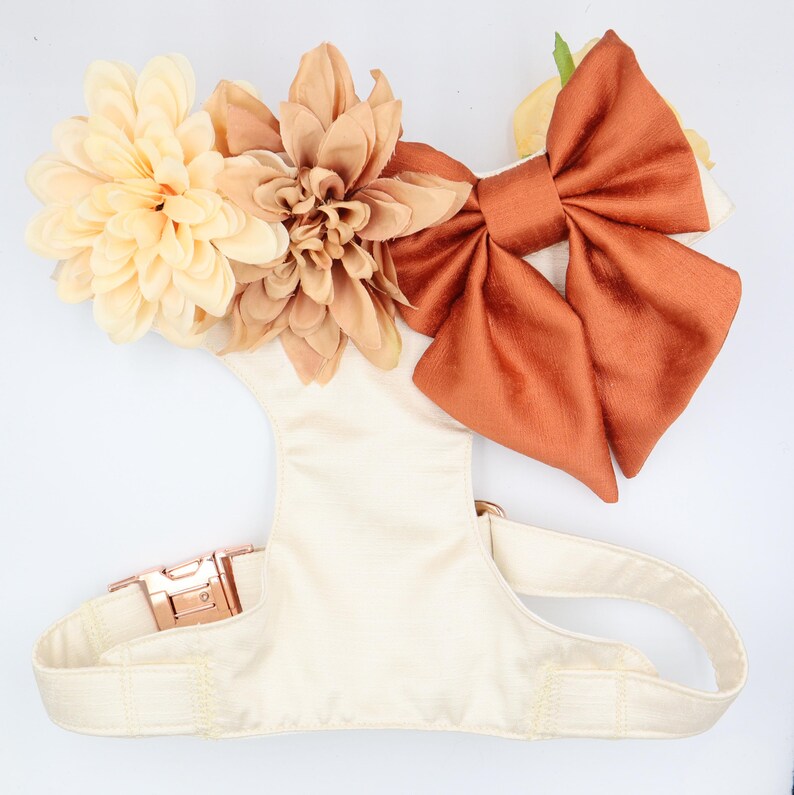 Wedding Dog Harness in Ivory Cream Satin with Burnt Orange Bow and Flowers CHOICE of COLOURS Made to Measure