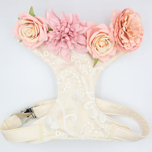 Wedding Dog Harness in Ivory Cream Satin with Lace Overlay and Pink Flowers CHOICE of COLOURS Made to Measure