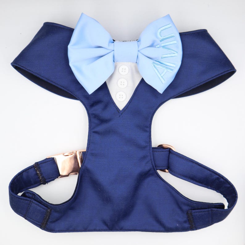 Tuxedo Wedding Dog Harness in Navy Satin with Light Blue Bow CHOICE of COLOURS Made to Measure