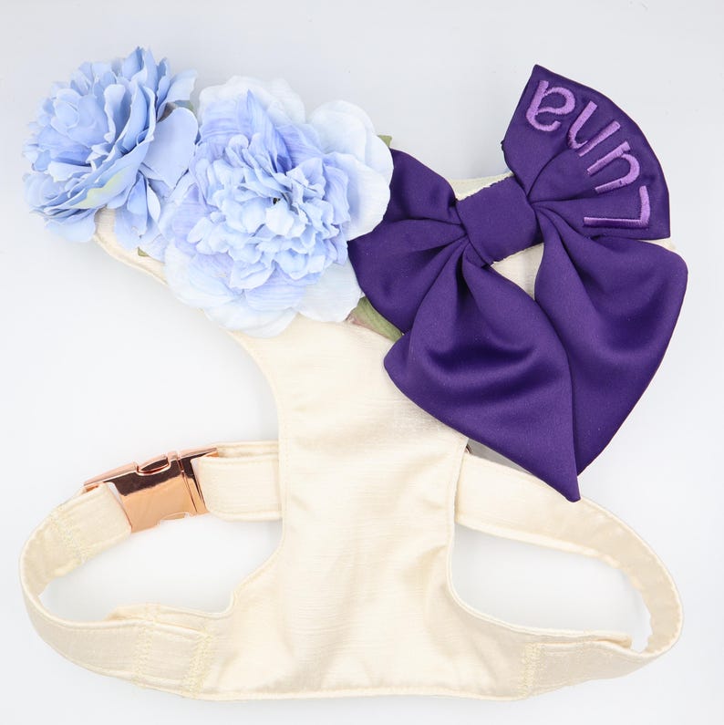 Wedding Dog Harness in Ivory Cream Satin with Purple Bow and Blue Flowers CHOICE of COLOURS Made to Measure