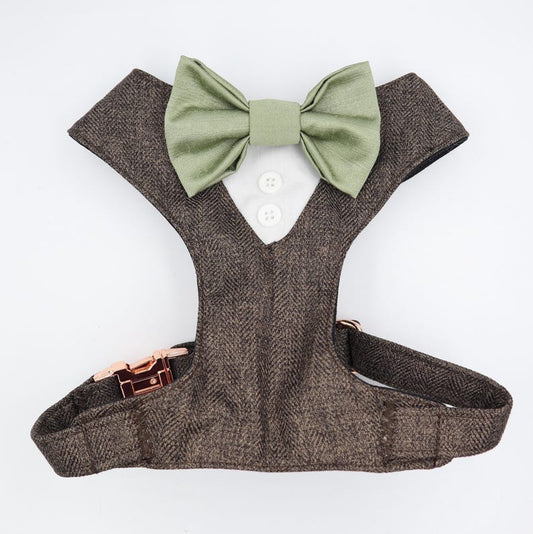 Tuxedo Wedding Dog Harness in Chocolate Soft Herringbone Tweed Fabric with Satin Bow CHOICE of COLOURS Made to Measure