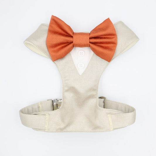 Tuxedo Wedding Dog Harness in Beige Satin with Burnt Orange Bow CHOICE of COLOURS Made to Measure