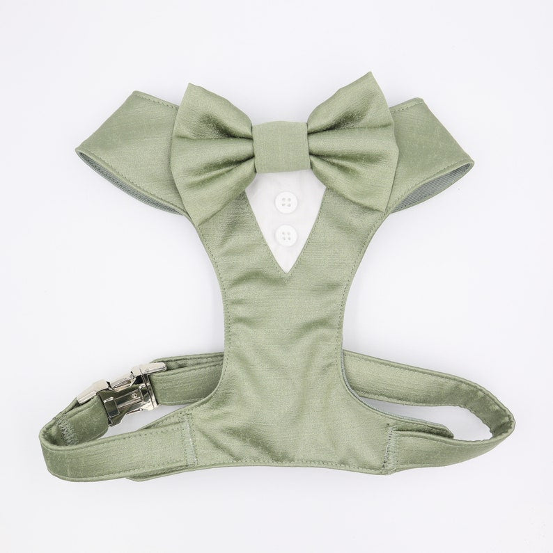 Tuxedo Wedding Dog Harness in Sage (4) Satin with Bow CHOICE of COLOURS Made to Measure