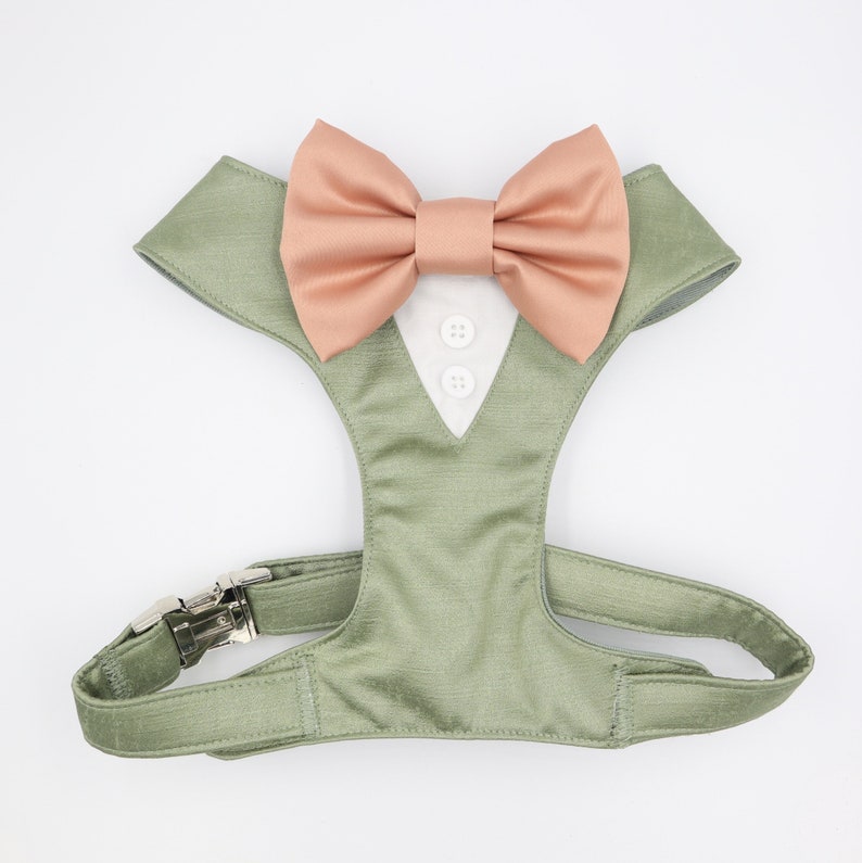 Tuxedo Wedding Dog Harness in Sage Satin with Rose Gold Bow CHOICE of COLOURS Made to Measure