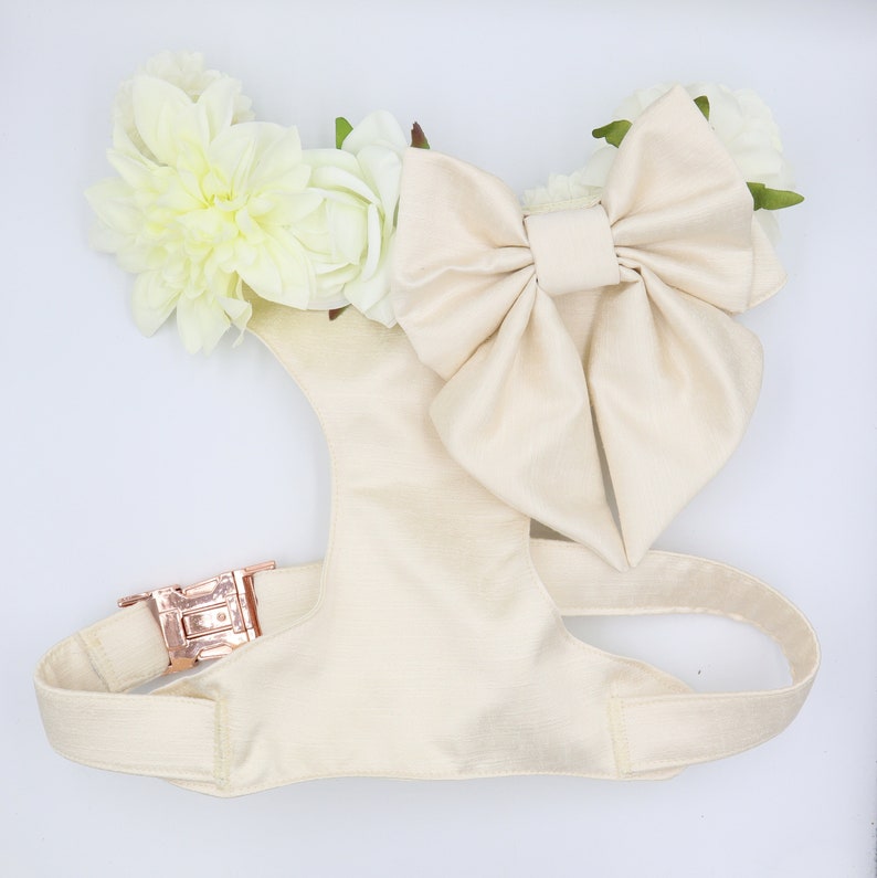 Wedding Dog Harness in Ivory Cream Satin with Bow and Flowers CHOICE of COLOURS Made to Measure