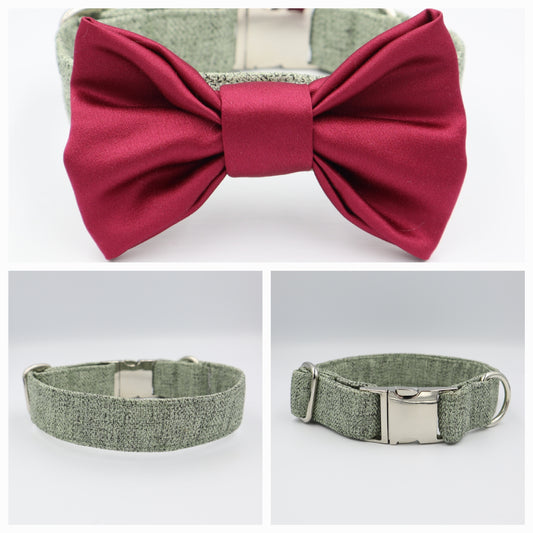 Dog Collar in Sage Green Soft Herringbone Tweed Style Fabric with Satin Bow CHOICE of COLOURS