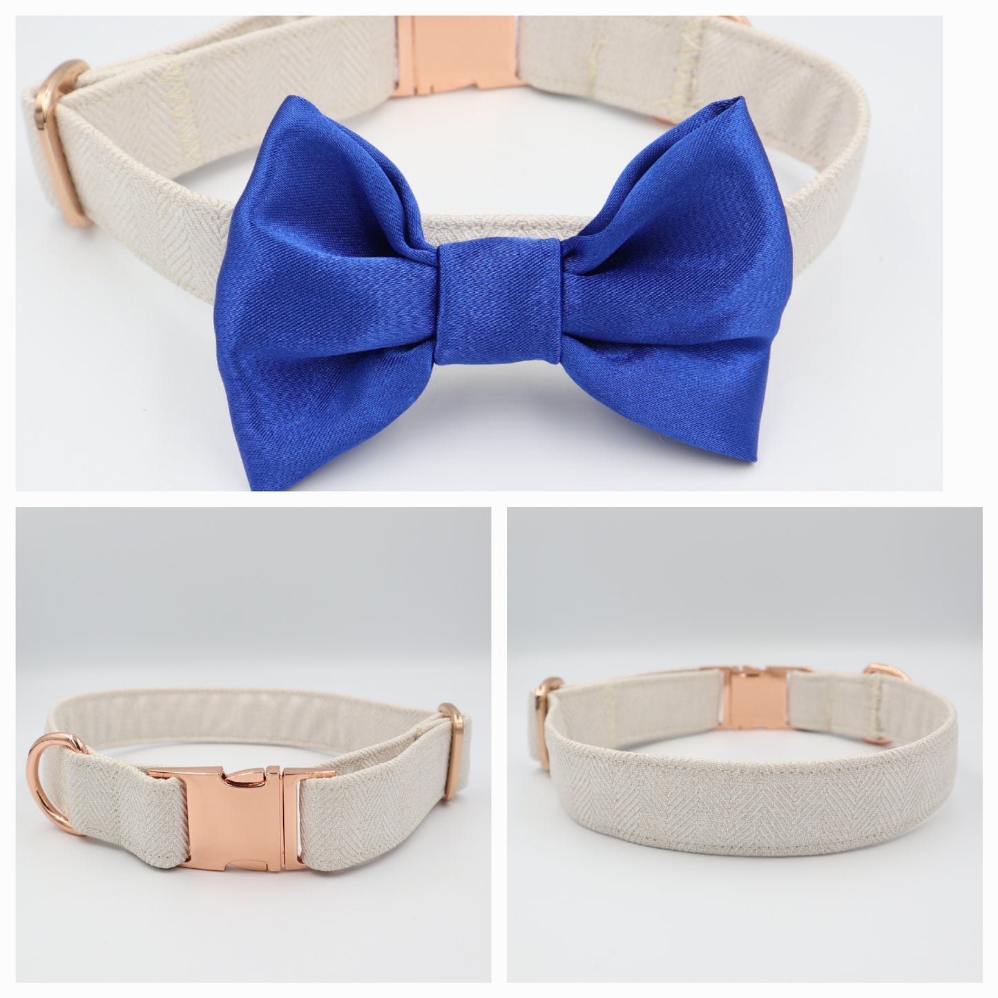 Dog Collar in Beige Soft Herringbone Tweed Style Fabric with Satin Bow CHOICE of COLOURS