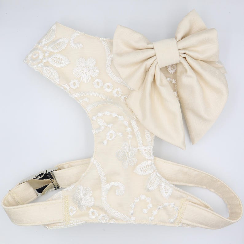 Wedding Dog Harness in Ivory Cream Satin with Lace Overlay and Sailor Bow and CHOICE of COLOURS Made to Measure