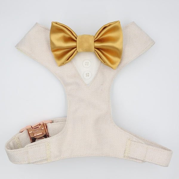 Tuxedo Wedding Dog Harness in Beige Soft Herringbone Tweed Fabric with Satin Bow CHOICE of COLOURS Made to Measure