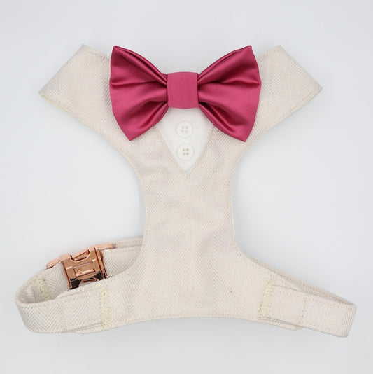 Tuxedo Wedding Dog Harness in Beige Soft Herringbone Tweed Fabric with Satin Bow CHOICE of COLOURS Made to Measure